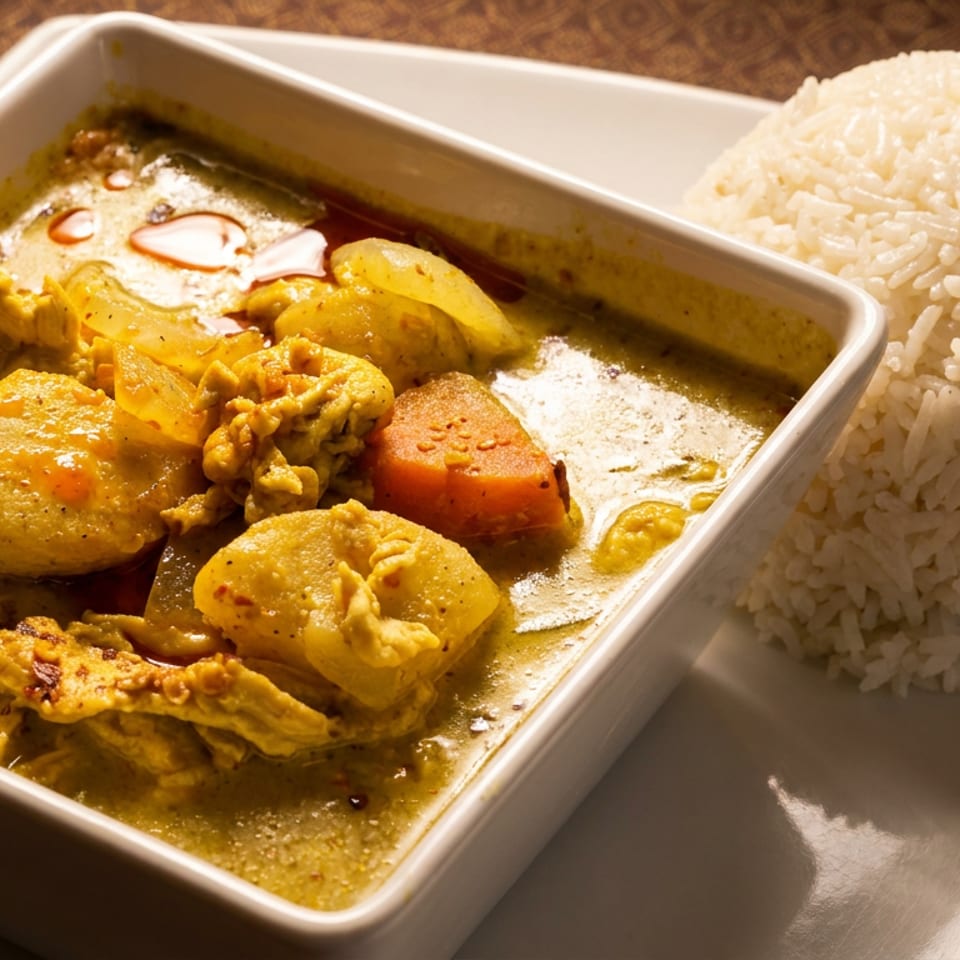 Yellow chicken curry with potatoes and carrots in a white bowl, served with white rice.