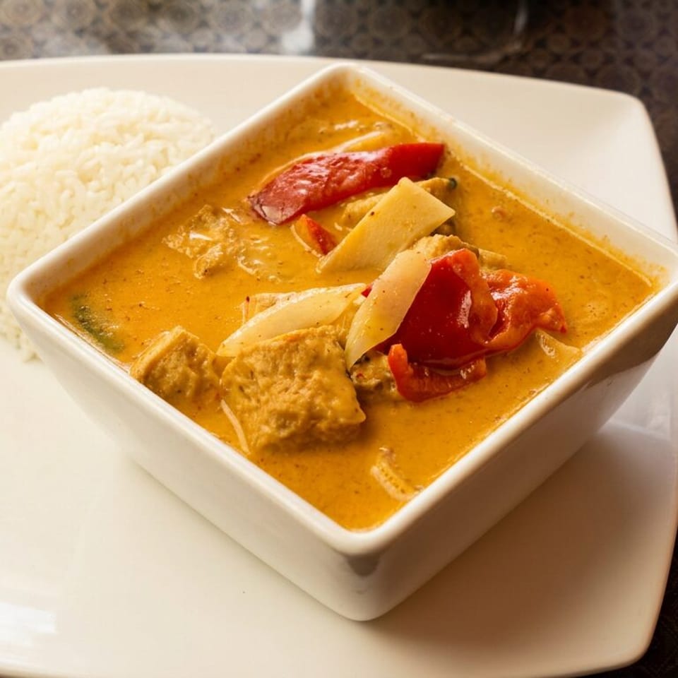Red curry with tofu, red peppers, and bamboo shoots, served with white rice on a square plate.